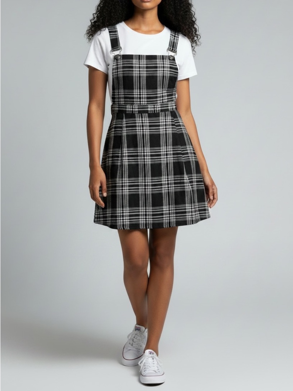 ROMWE Plaid Pinafore Dress M Black White Overall Academia Grunge Y2K Whimsy Goth